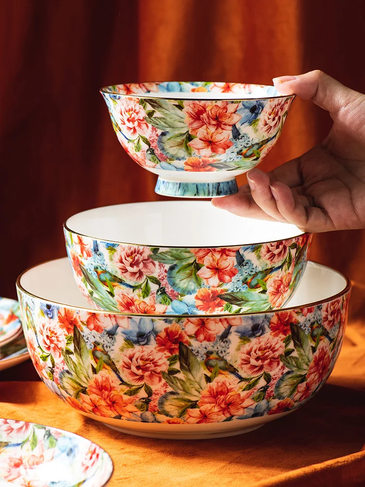

European Ceramic Bowl Saucer Set Household Phnom Penh Bone China 8inch Dinner Salad Plate Large Soup Bowl Creative Dinnerware