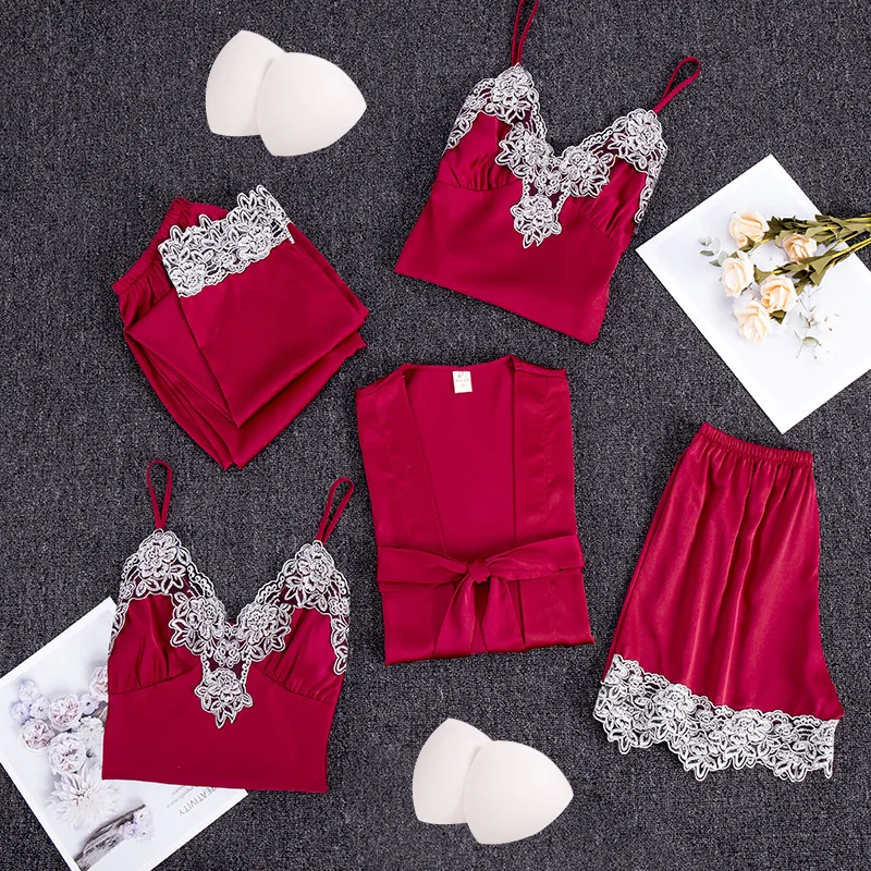 

Mulheres Pijama Define Sleepwear Cetim de Seda 5 Nightwear Pijama Alcinhas Rendas Sono Pijama Com Almofadas No Peito