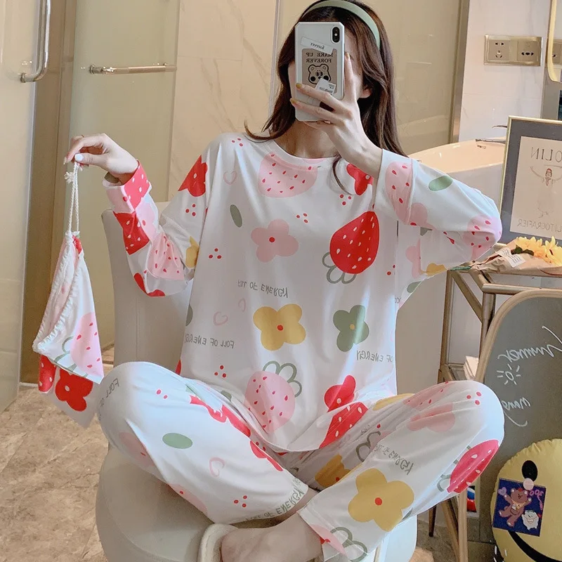 

Young Lady Sweet Frult Flower Print Nightgown Lounge O-Neck Sleepwear Milk Fiber Nightdress With Cloth Bag Loose long Nightwear