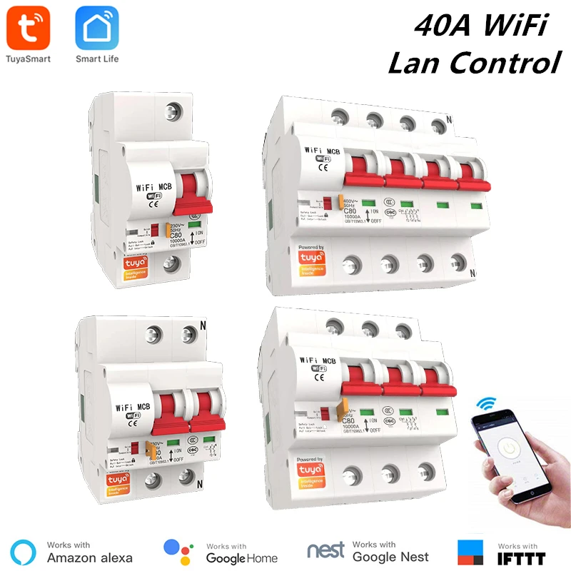 Tuya 40A 1P/2P/3P/4P WiFi Smart Circuit Breaker Automatic Switch overload short circuit protection with Alexa Google home