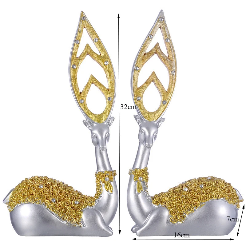 

2PCS/SET EUROPEAN RESIN SIKA DEER FIGURINE GOLD STATUE SCULPTURE ANIMAL DEER ORNAMENTS WEDDING GIFT HOME LIVING ROOM DECOR