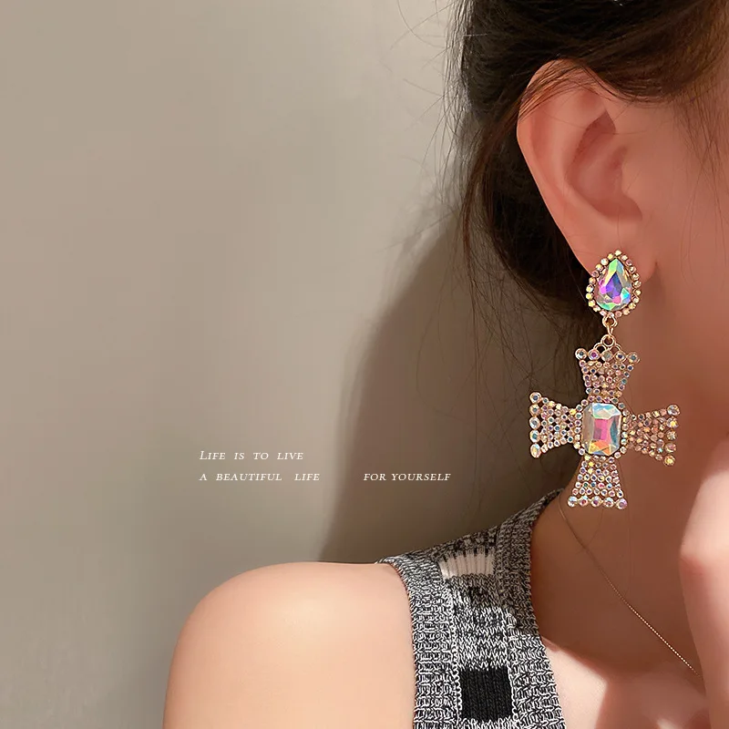 

Diamond Water Drop Cross Earrings Fashion Stainless Steel Cross Earrings Punk Jewelry for Cool Women Girl Friendship luxury