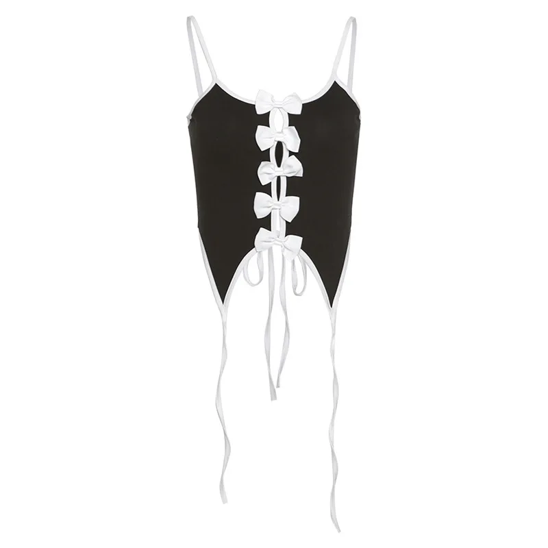 

ArtSu Bow Cute Tops Female Girls Summer 2021 Slim Backless Causal Strap Vest Off the Shoulder Black Sexy Crop Top Camis VE28095