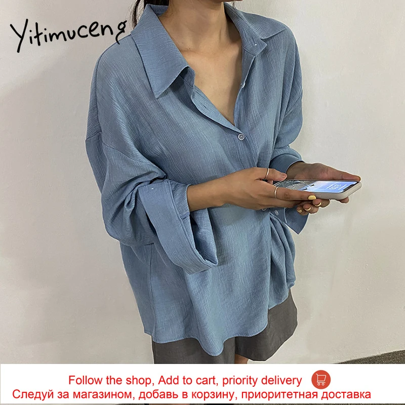 

Yitimuceng Long Shirts Woman Oversize Button Up Tops Korean Fashion Basic Blouse Solid Apricot White Blue 2021 Spring Summer