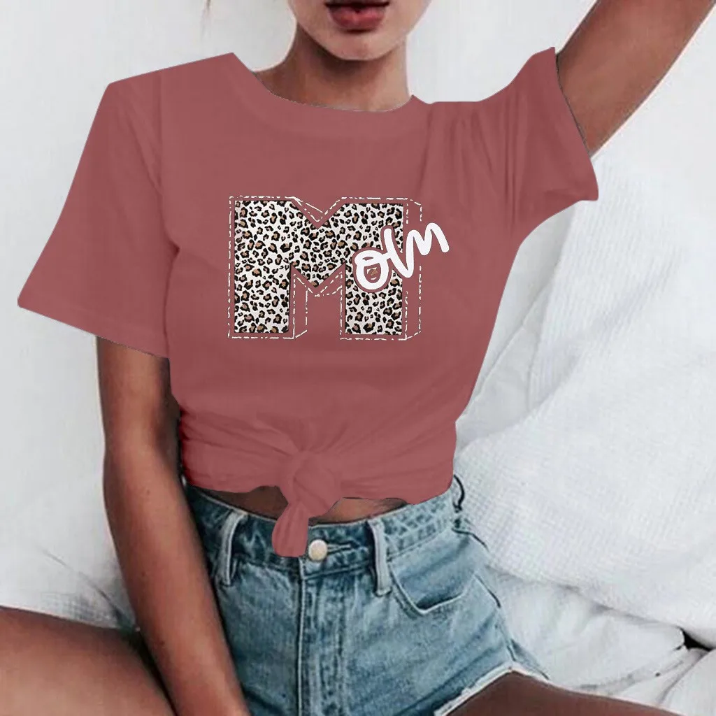 Женские футболки с круглым вырезом коротким рукавом и леопардовым принтом