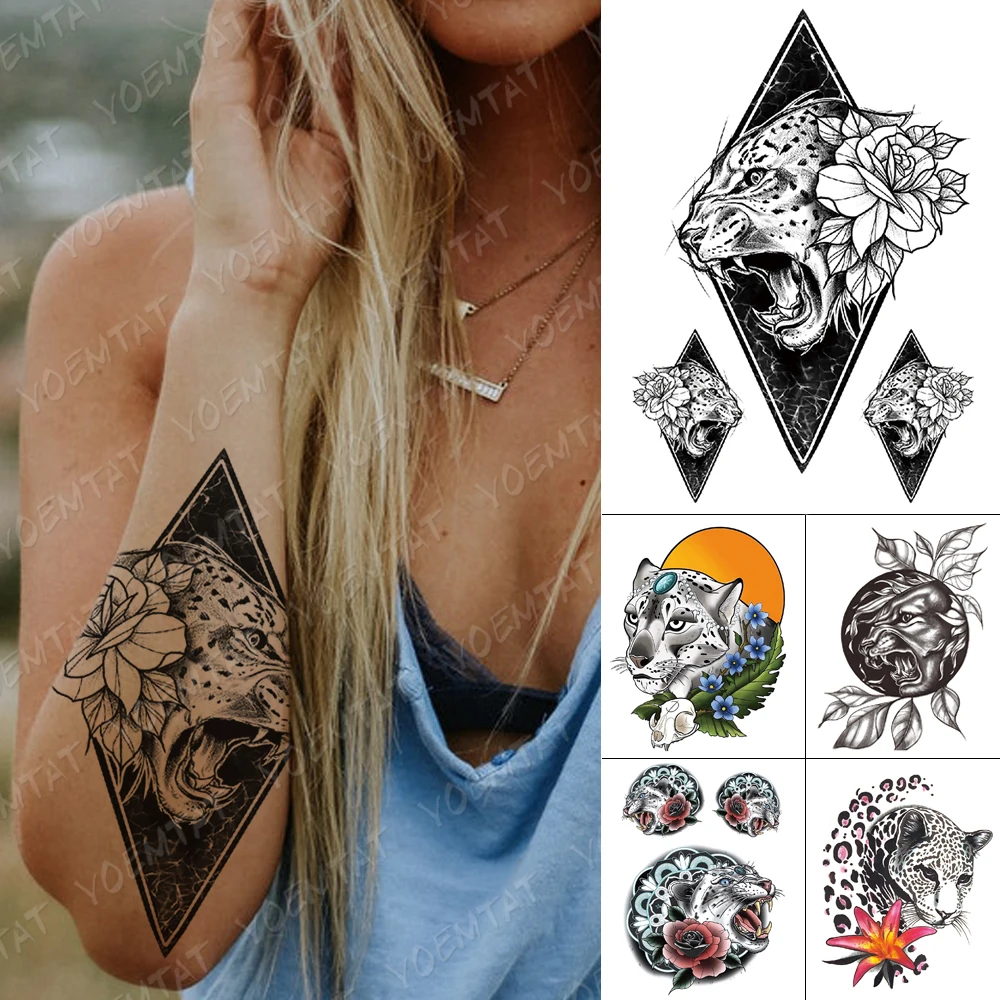 

Waterproof Temporary Tattoo Stickers Leopard Tiger Peony Flower Flash Tattoos Female Geometric Lion Body Art Fake Tatoo Male