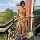 Сексуальное вечернее платье с V-образным вырезом и высоким разрезом, с блестками, Aso Ebi, бахромой, перьями, оборками, вечерние платья для выпускного вечера, платье для африканской вечеринки