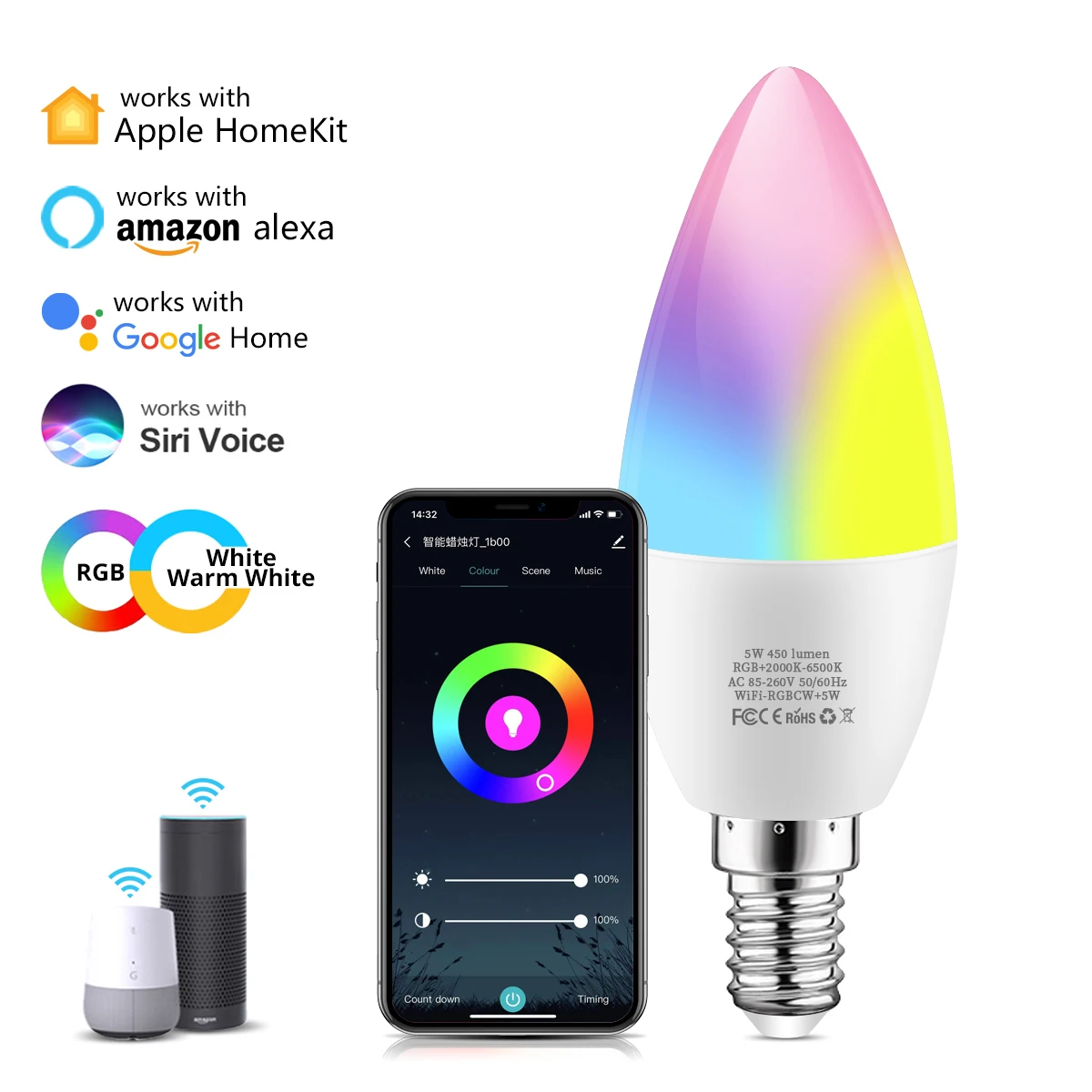 

Светодиодная лампа E14 в форме свечи, Умный домашний неоновый светильник с RGB подсветкой и регулируемой яркостью, совместим с Alexa Google Home