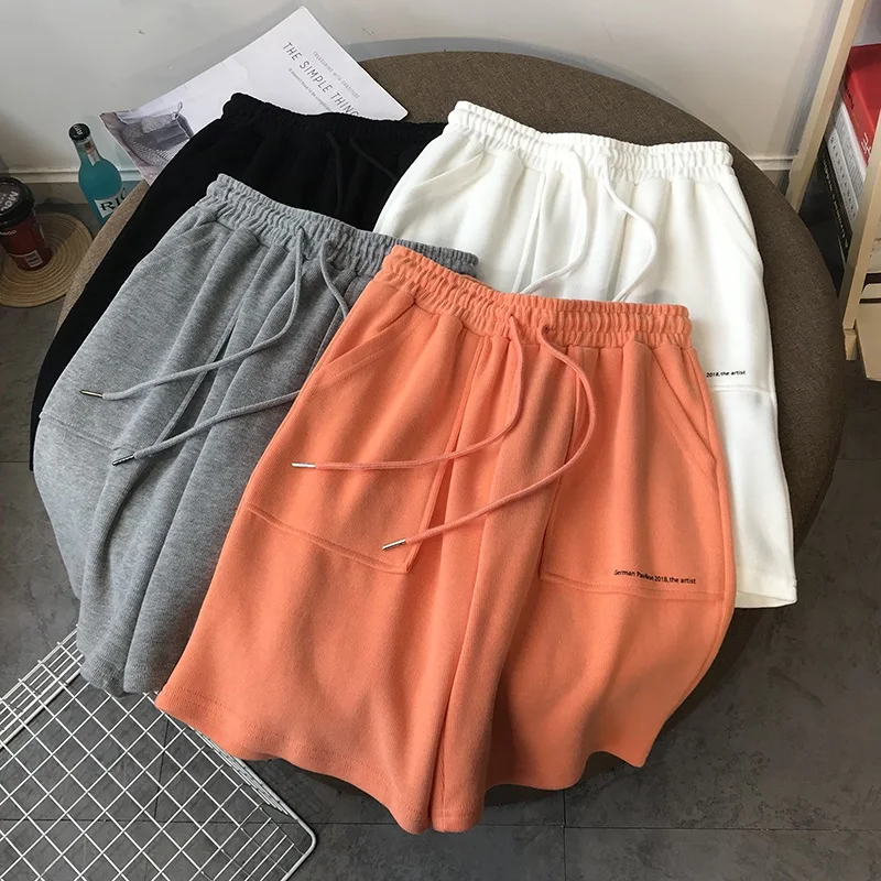 

Summer High Waist Wide Leg Short Pants Women black Knee Length Pants Drawstring Korean pure cotton Casual loose Holiday Trousers