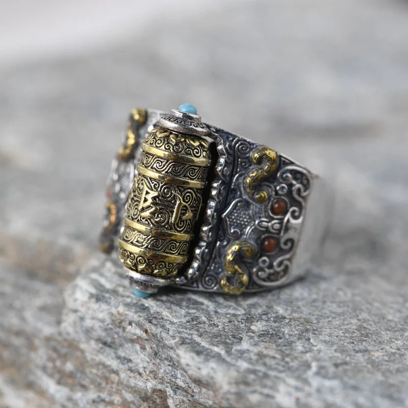

S925 Sterling Silver Vintage Ring Buddhist Six Words Mantra Rotatable Punk Cool Ring for Men Open Adjustable Jewelry