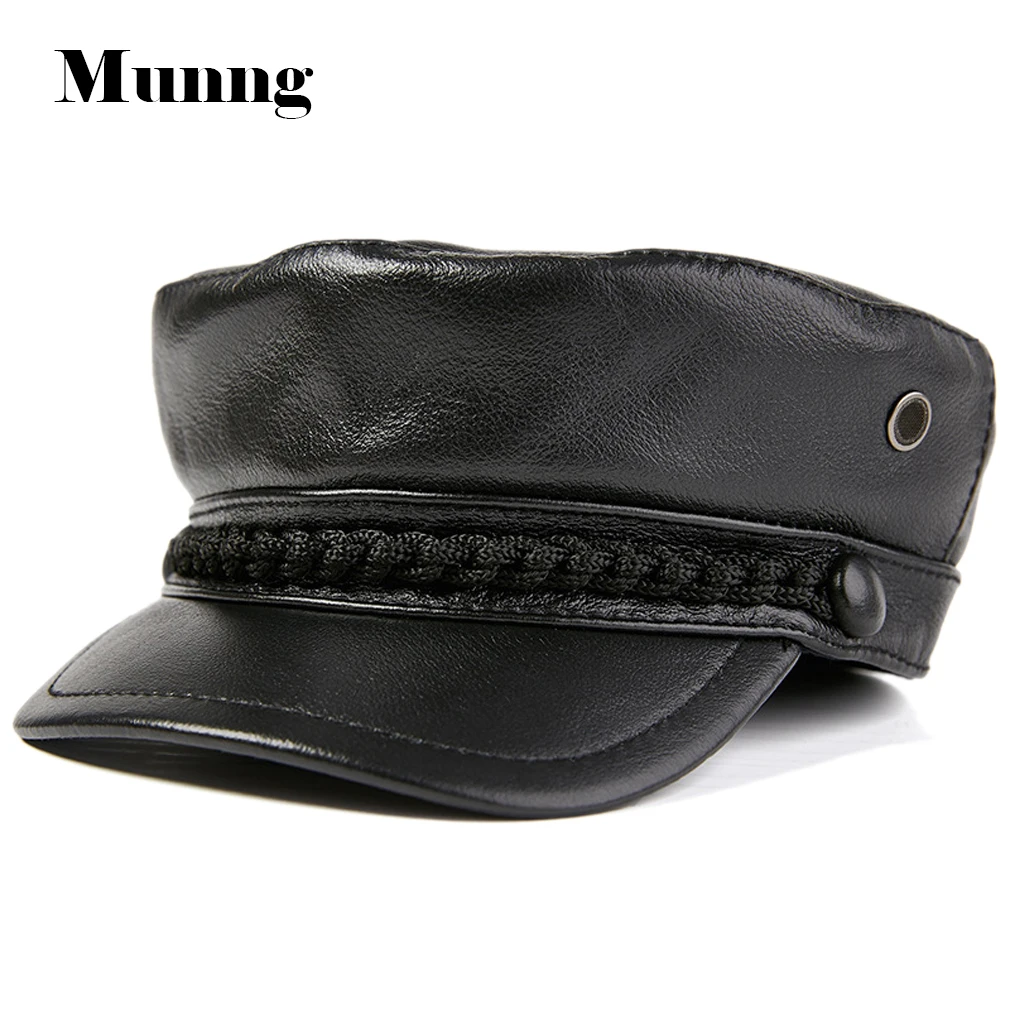 

Munng Gentleman 100% Cowhide Leather Newsboy Hat Army Cap Military Patrol Cadet Hat