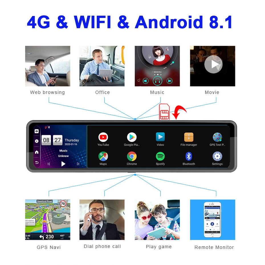 Автомобильное Зеркало видеорегистратор QUIDUX 12 дюймов 4G GPS навигация 2 Гб ОЗУ + 32 ПЗУ