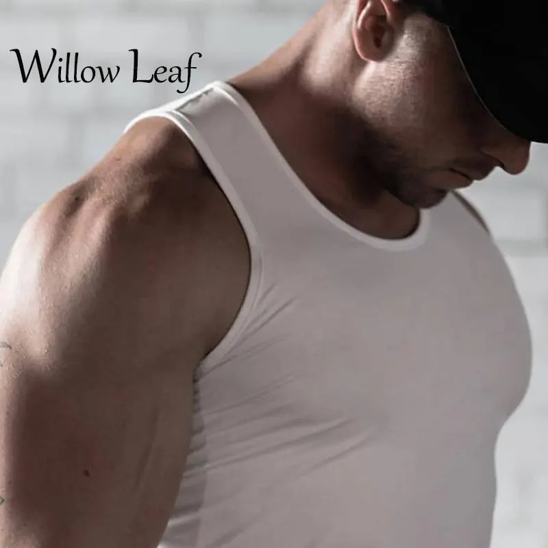 

Willow Leaf Men Cotton Fabric Summer Fashion Pure Color Sleeveless Leisure Sports Casual Solid Round Neck Vest Tops