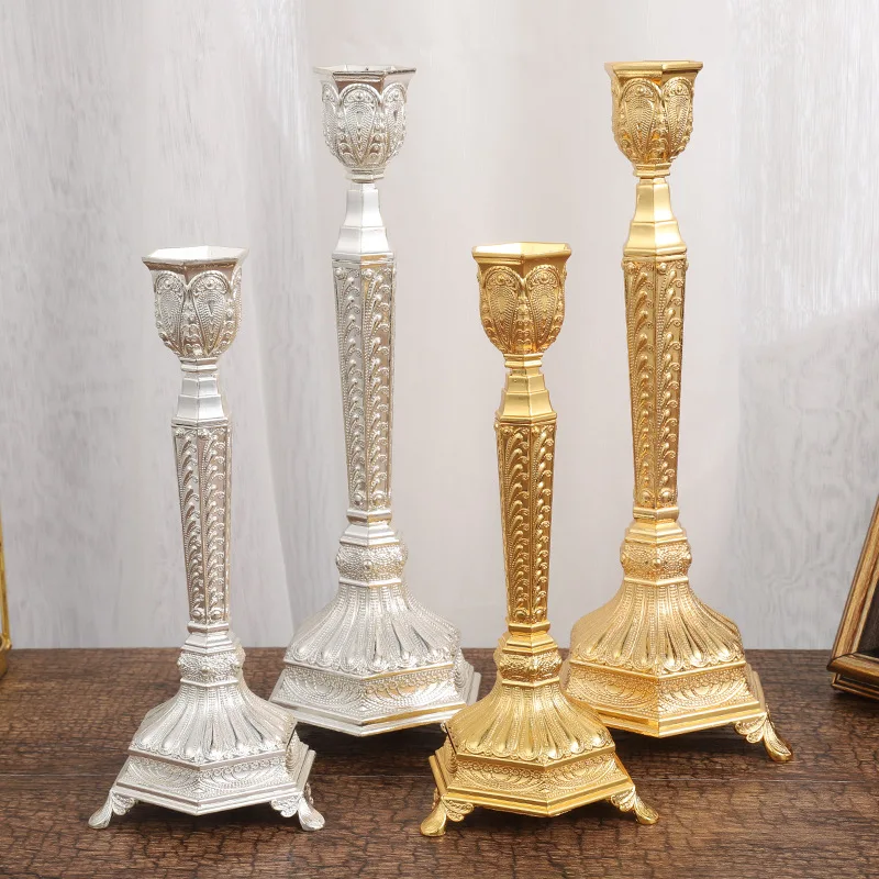 

Classic Candlestick Candle Holder For Taper Zinc Alloy Metal Distressed Gold Silver Candleholder Set Of 2 Tabletop Decoration