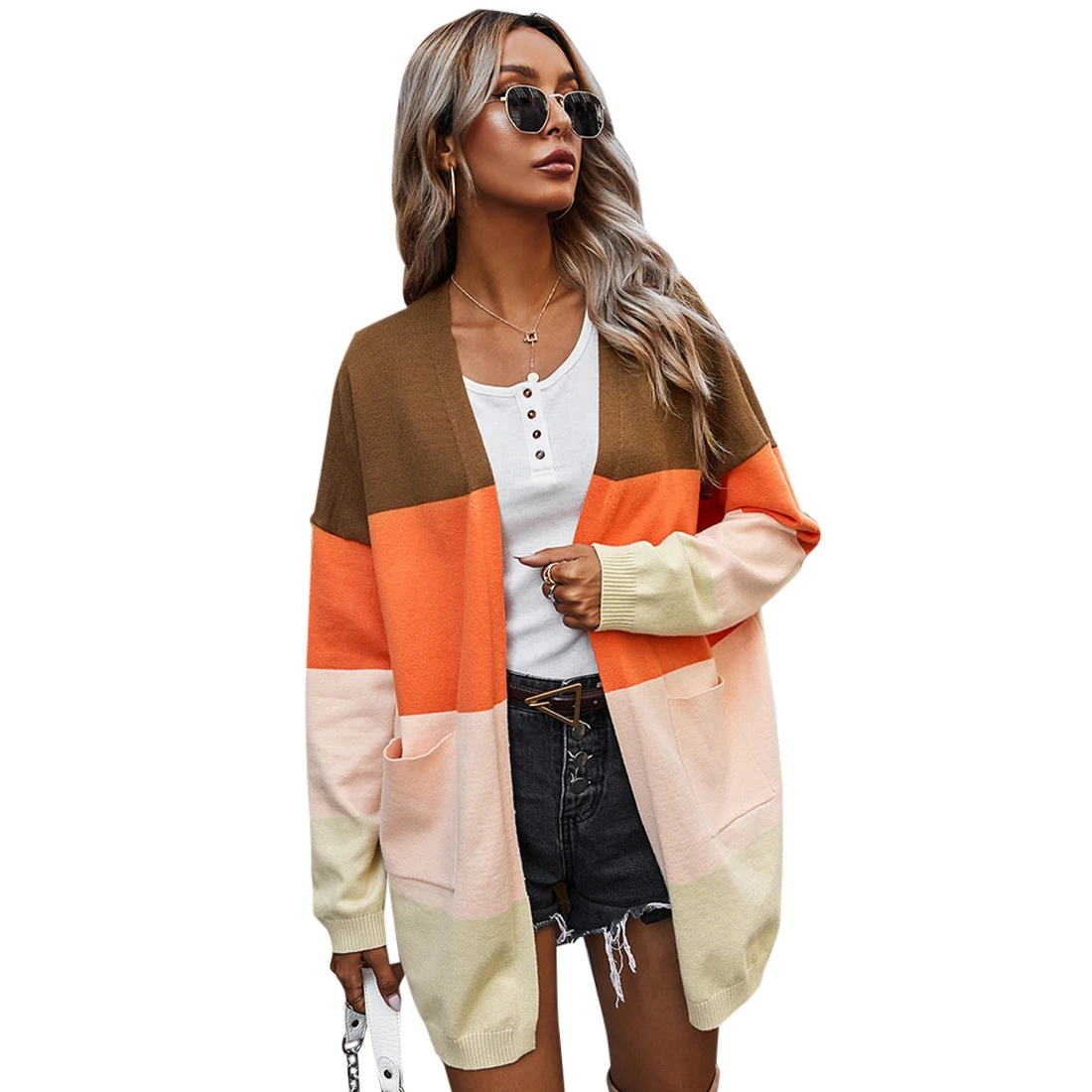 

2020 Autumn Casual Knitted Sweaters Cardigan Women Patchwork Long Sleeve Sweater Coat Women Sweater Coat Loose Striped