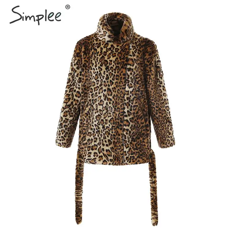 Simplee Leopard print women faux fur coat Lace up zippers pockets female warm overcoats Loose streetwear ladies winter jackets | Женская