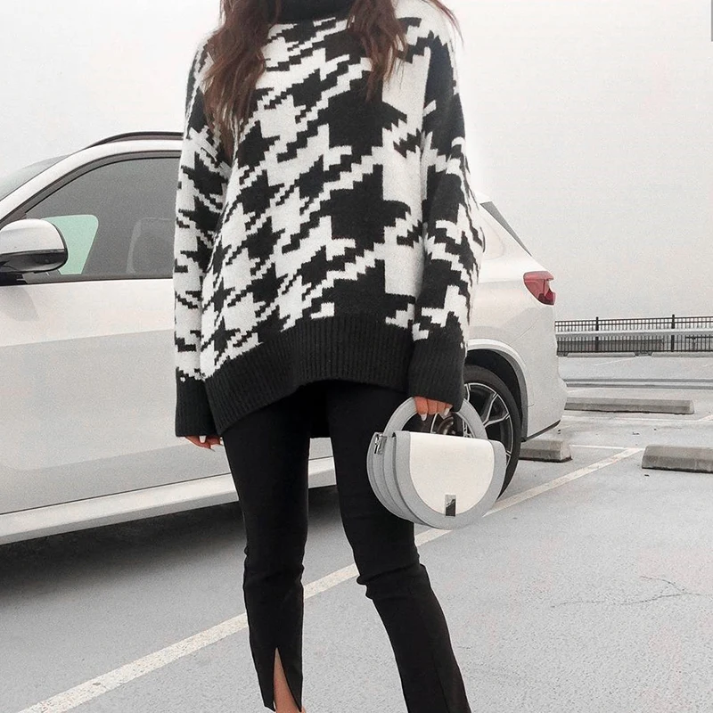 

SONDR 2020 NEW Bow Tie Sweater High Autumn Winter Woman Houndstooth Jersey Long Black Fashion Warm White Jumper Ladies