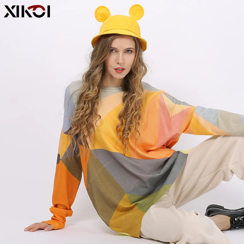 Женский вязаный свитер с принтом XIKOI теплый пуловер оверсайз круглым вырезом и