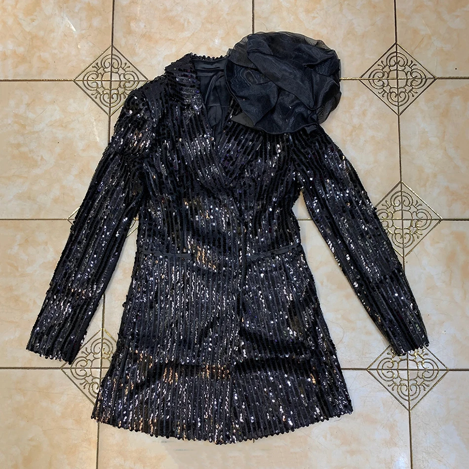 

2021 New Women 2-Piece Sexy V-Neck Long-Sleeved Black Mesh Sequin Bandage Suit Fashion Celebrity Designer High Street Suit