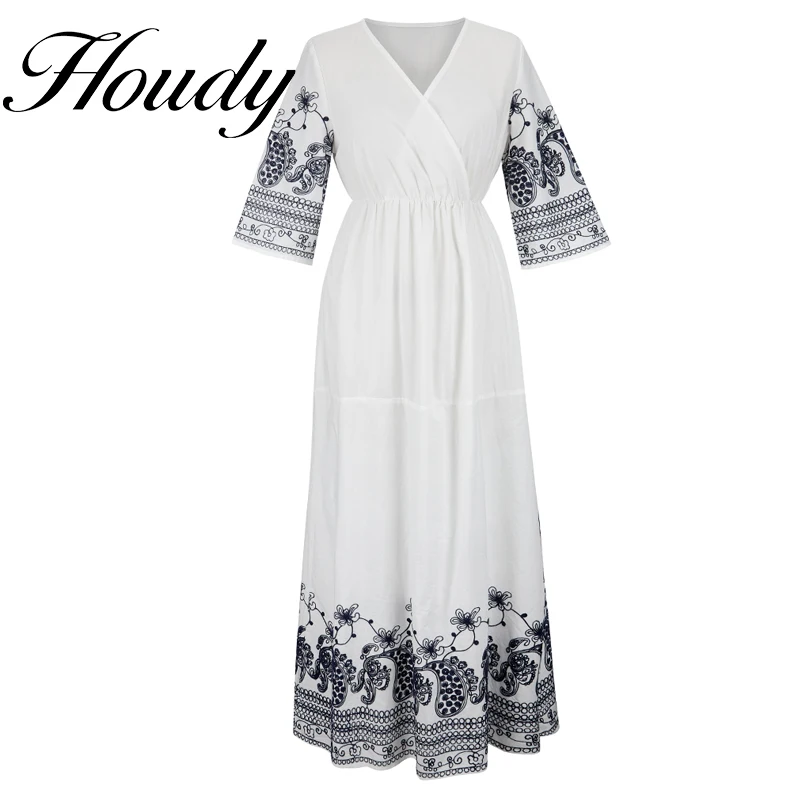 

Summer Ladies Sexy V-neck Long Skirt Pleated Waist Dress 2021 Fall/Summer Pure White Ladies Embroidery Dress Long Skirt