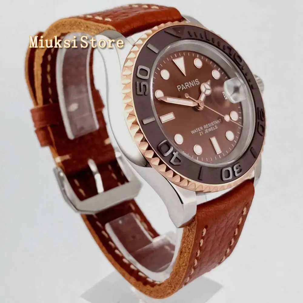 Роскошный бренд Parnis 41 мм сапфировое стекло коричневый циферблат Керамическая