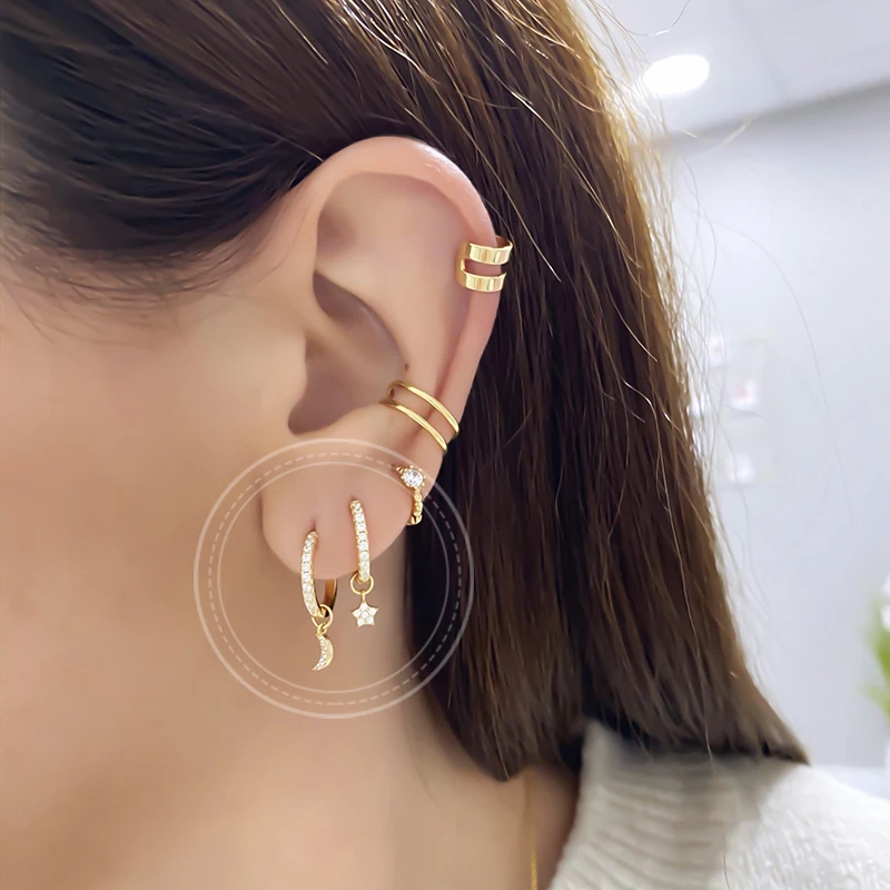 

MORSE Minimalist Two Hoop Earrings+Four Small Pendants Moon/Star/Cross/Bead 925 Sterling Silver Earrings for Women Fine Jewelry