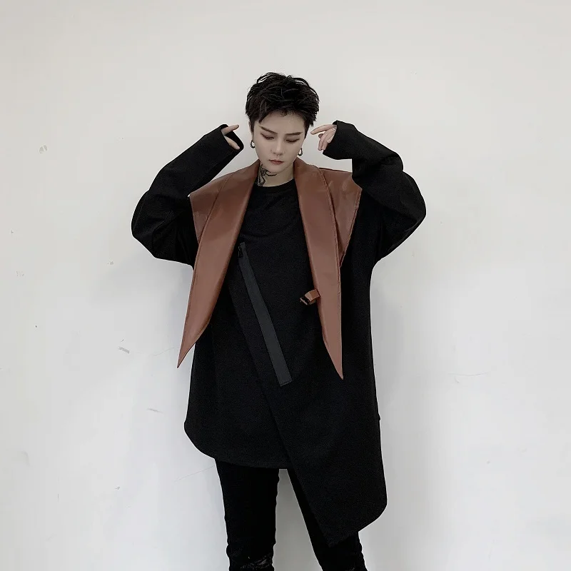 EWQ / men's wear 2020 vintage spring new Double-deck Lining Irregular Niche Long Sleeve T-shirt black round collar tops 9Y1010 | Мужская