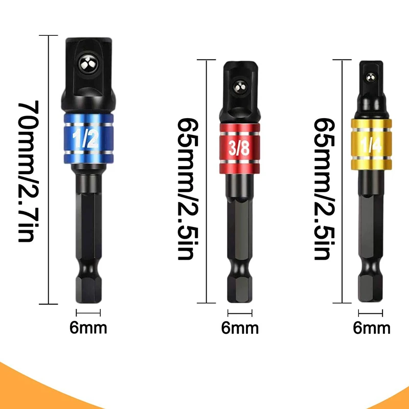 3 шт. 1/4 &quot3/8" 1/2 "Ударный гнездо адаптера шестигранным хвостовиком Сверло