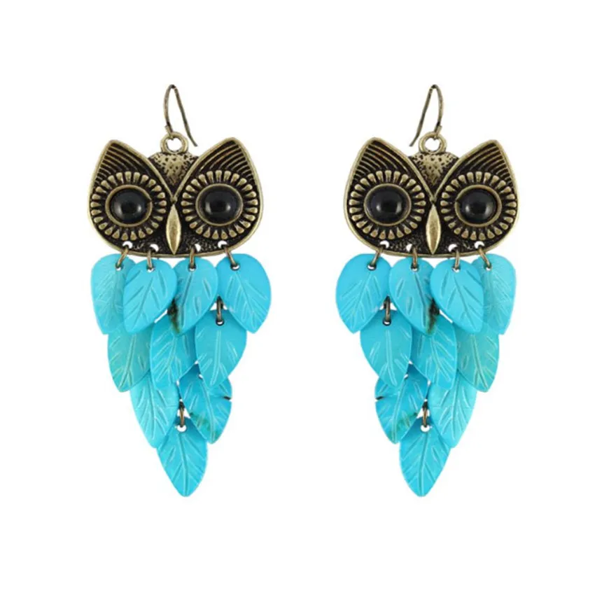 

FYSL Antique Copper Wisdom Owl Shape Multi Layer Leaf Blue Shell Dangle Earrings for Women Charm Jewelry