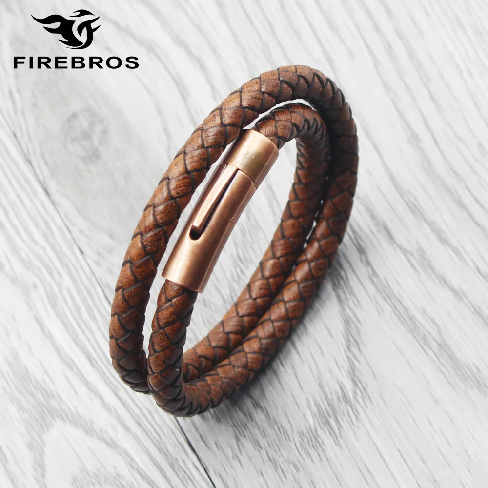 FIREBROS Ancient/Red Bronze Stainless Steel Magnetic Clasp Vintage Brown Multilayer Braided Genuine Leather Bracelet Men Jewelry | Украшения