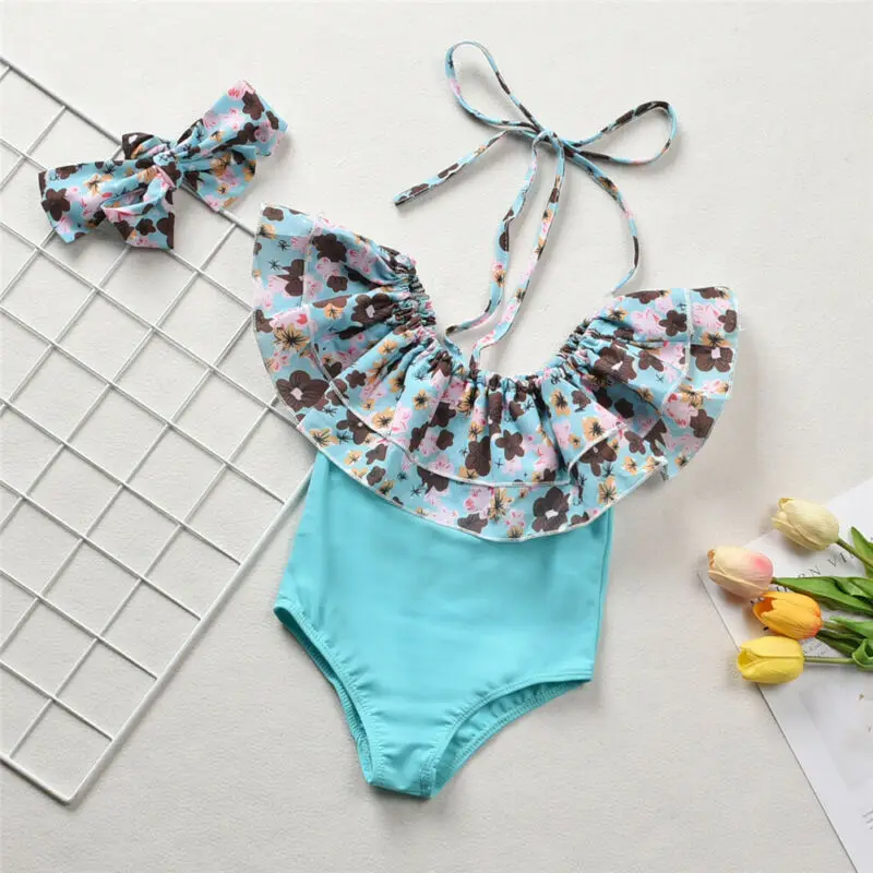 Летняя одежда для маленьких девочек Купальник с цветочным рисунком и воротником