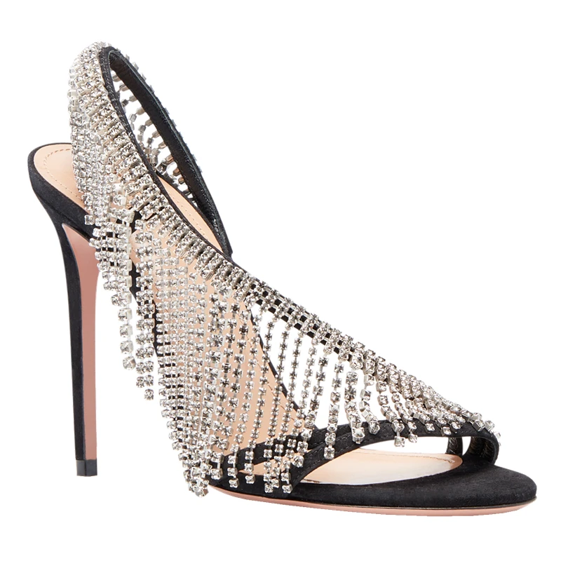 

Summer Bling Bling Crystal Tassel Sandals Open Toe Rhinestone One Strap Thin Heels Gladaitor Shoes Chic Party High Heel