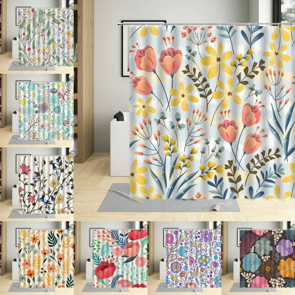 

Занавеска для душа с цветами, яркие цветные садовые занавески с изображением цветов, водонепроницаемые, с крючками, для ванной комнаты