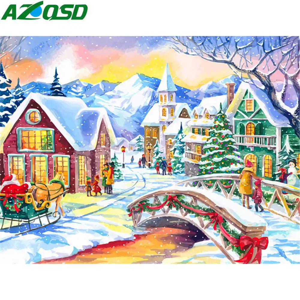 

AZQSD Рождественская картина по номерам зимний домашний декор домашний пейзаж цвет по номерам наборы Рисование холст подарок 50x40 см без рамки