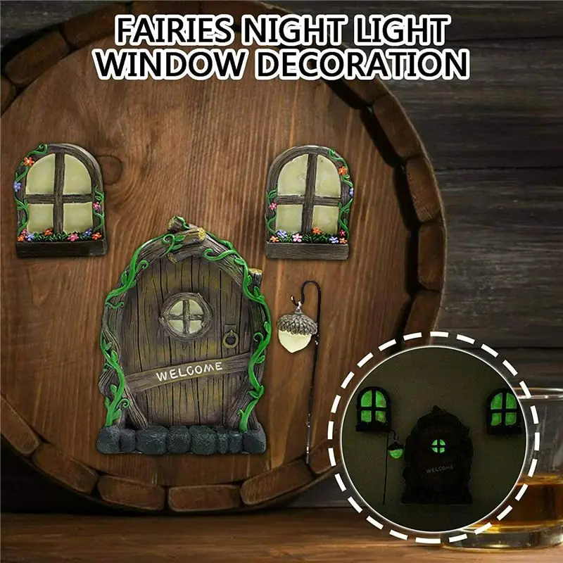 

4PCS Miniature Fairy Tree Door Window Door Glow Gnome Elf Home Sculpture Statues High Realistic Garden Lawn Outdoor Ornaments