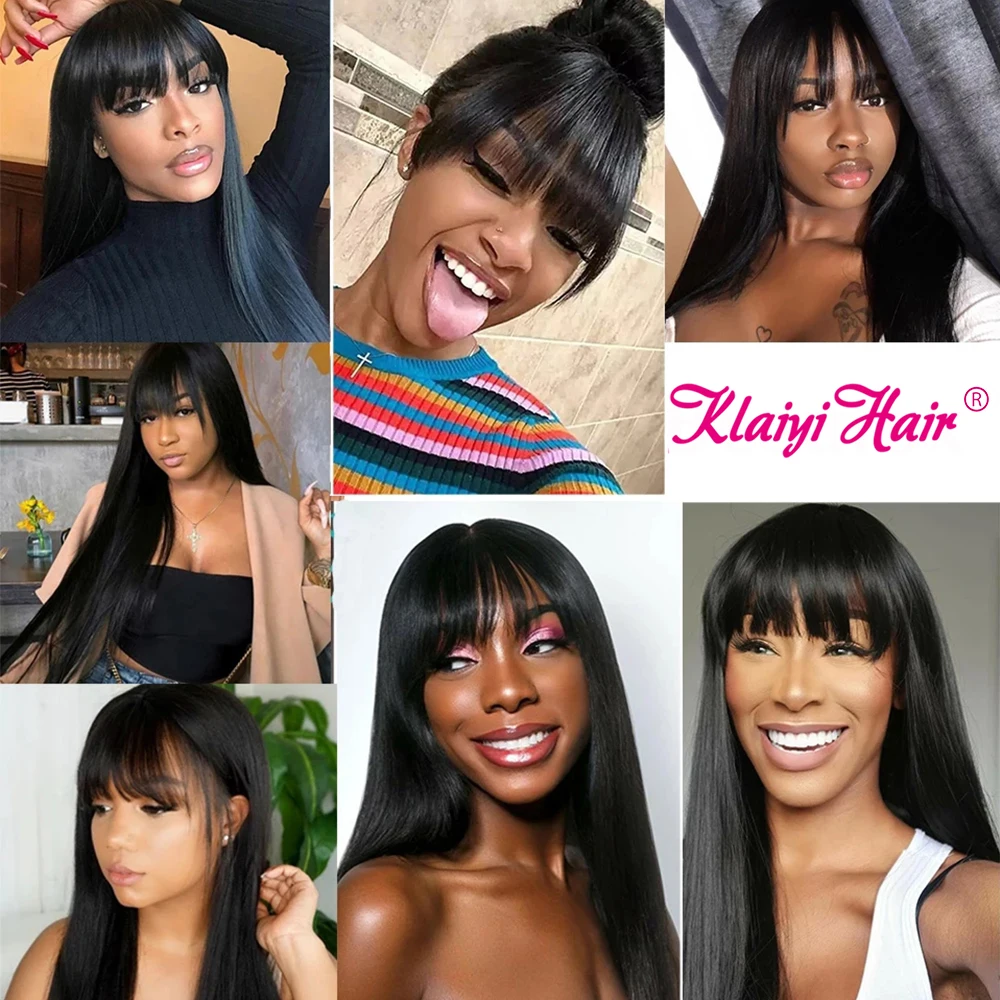

Klaiyi Straight Human Hair Wigs With Bangs Full Machine Made Human Hair Wigs For Women Malaysian Remy Hair Fringe Wig 8-24 Inch