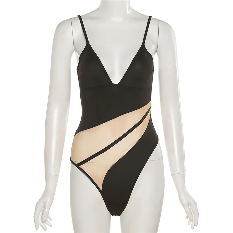 

2021 Fashion Sexy summer Splicing V-neck Splicing slim bodycon Women Sleeved Bodysuits Casual Skinny Bodysuits Body Bodysuits