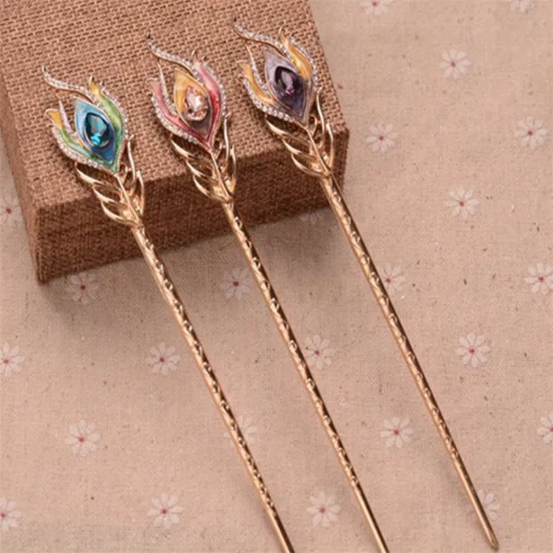 Enamel Peacock Feather Hair Sticks Women Wedding Jewelry Accessories Top Crystal Hair Ornaments Golden Hair Clip