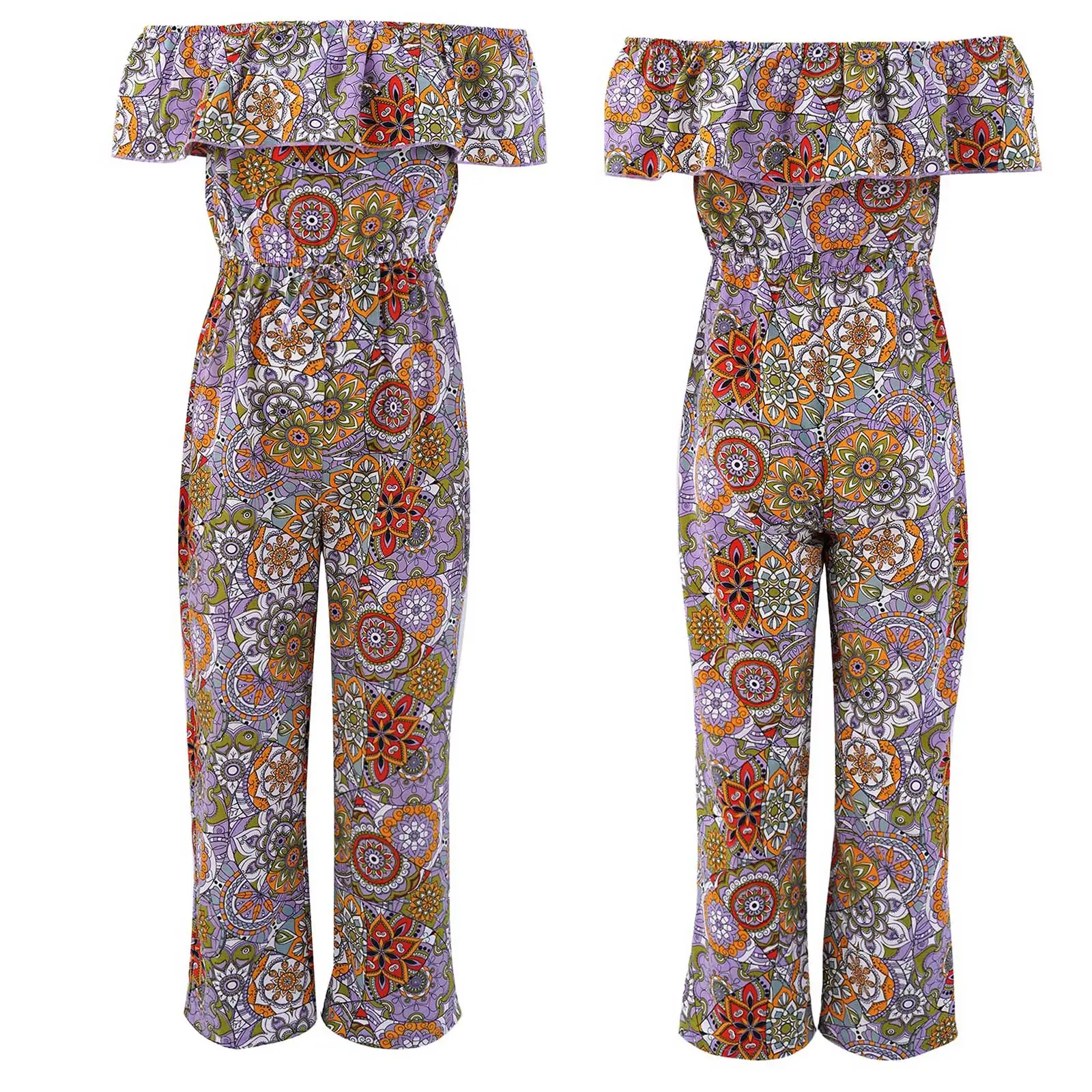 

Teens Girls Fold Off Shoulder Floral Bohemia Jumpsuit One Piece Clothing Ruffle Decor Bowknot Kids Beach Jumpsuits Overalls