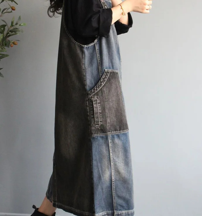 Spring Denim Skirts Women Patchwork Pockets Buttons Loose Fashion Female Casual A-Line Mid-Calf Length Braces Skirt Wild | Женская