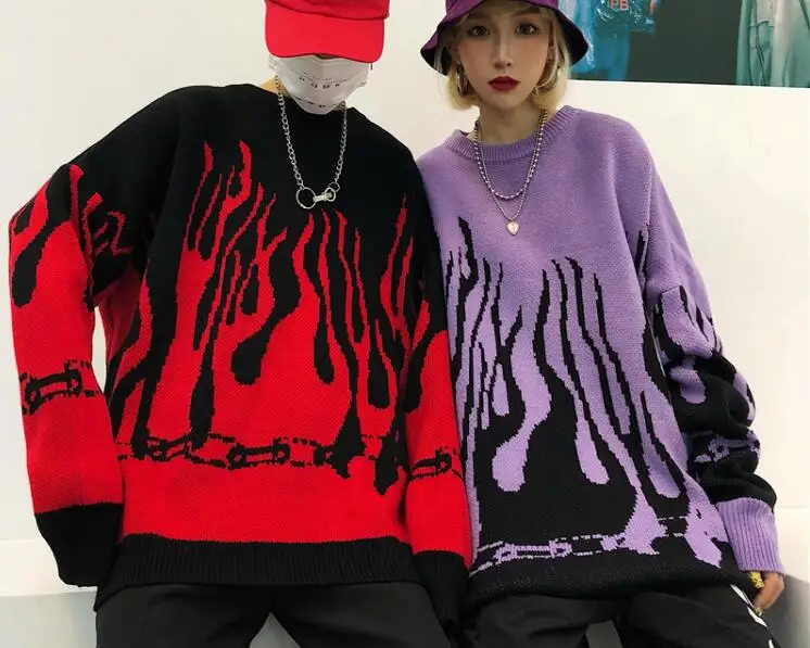Женский вязаный Топ в стиле Харадзюку Свободный пуловер с изображением пламени