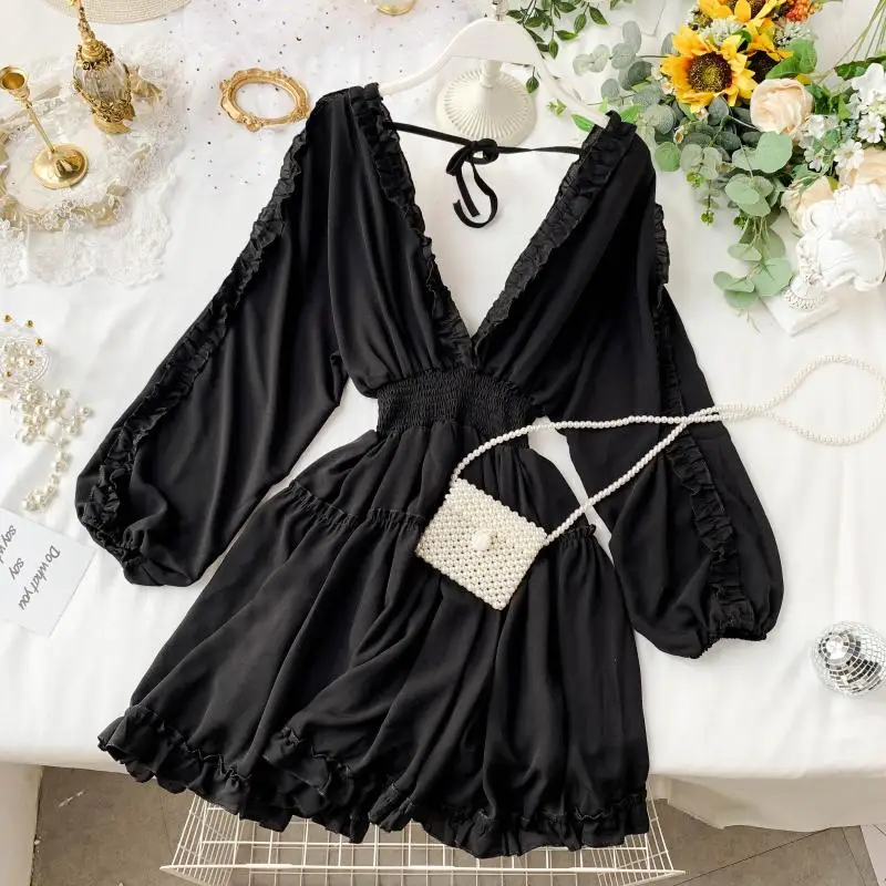 Шифоновое платье принцессы с глубоким v-образным вырезом рукавом 2020 и воланом |