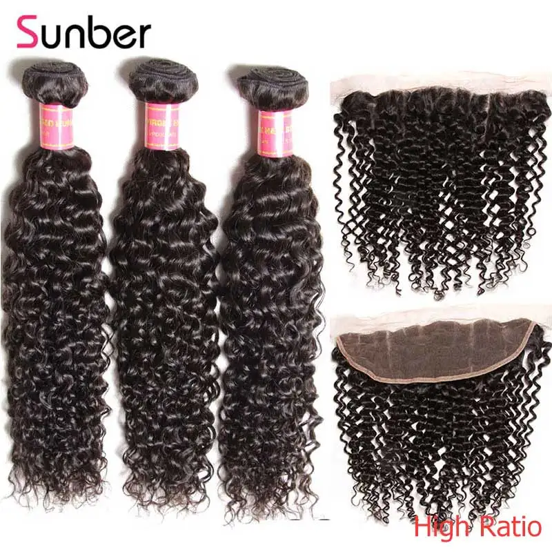 Sunber волосы Малазийские Вьющиеся Волосы пряди с фронтальным высоким