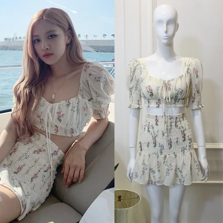 Блузка шифоновая с коротким рукавом и квадратным вырезом юбка высокой талией| |