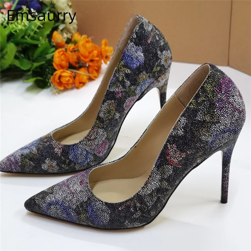 

Printed Flower Jeweled Rhinestone Dress Shoes Sexy Stiletto Heel Point Toe Slip-on Women Pumps Diamond High Heel Shoes Woman