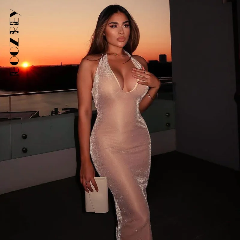 

BoozRey Elegant Summer Deep V Halter Bodycon Dress Female Sexy Skinny Club Party Wear Shining Open Back Long Dress for Women