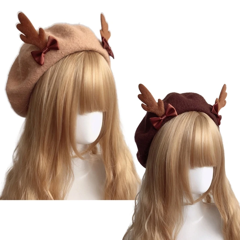 

Fashion Girl Antler Beret Wool Painter Hat Vintage Cute Deer Antlers Biscuits Beret for Girl Women Costume Headwear