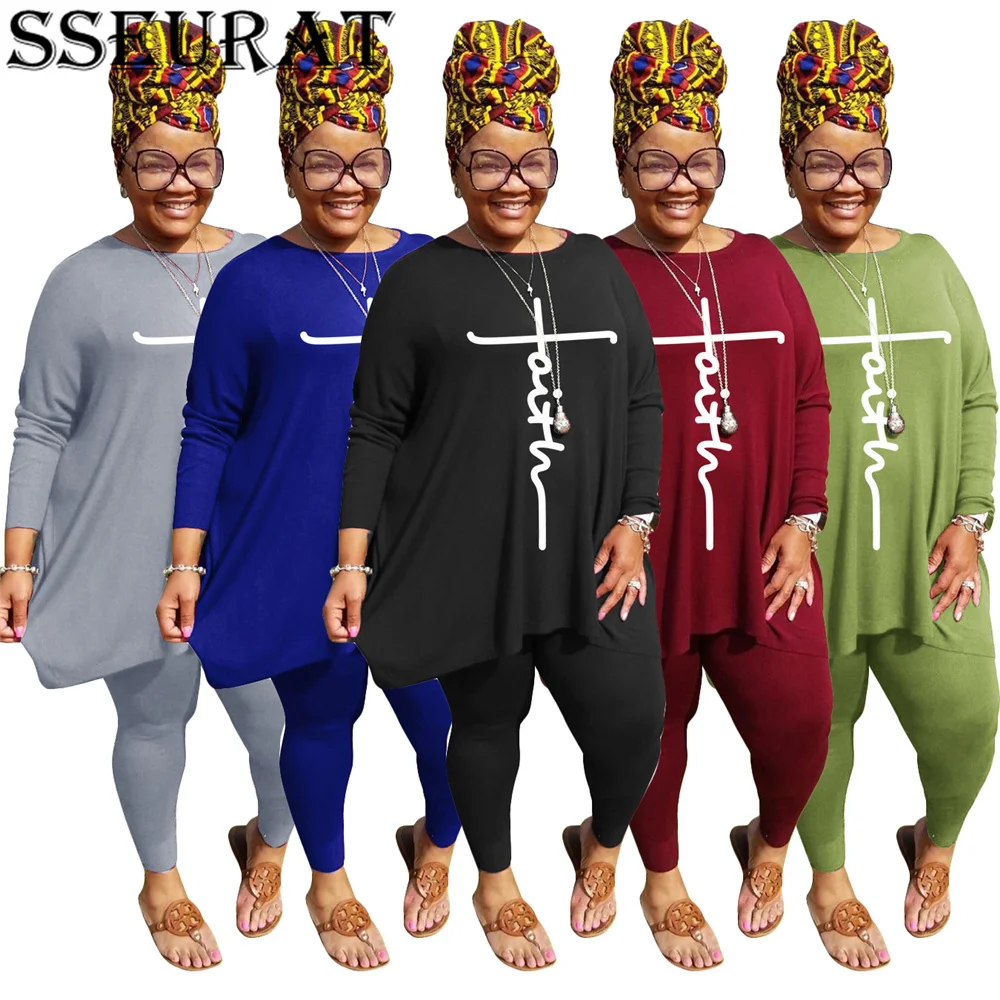 

SSEURAT Women Plus Size Set Autumn Letter Print Long Sleeve Tops Elastic Pants Two Piece Sets Active Tracksuit Outfit