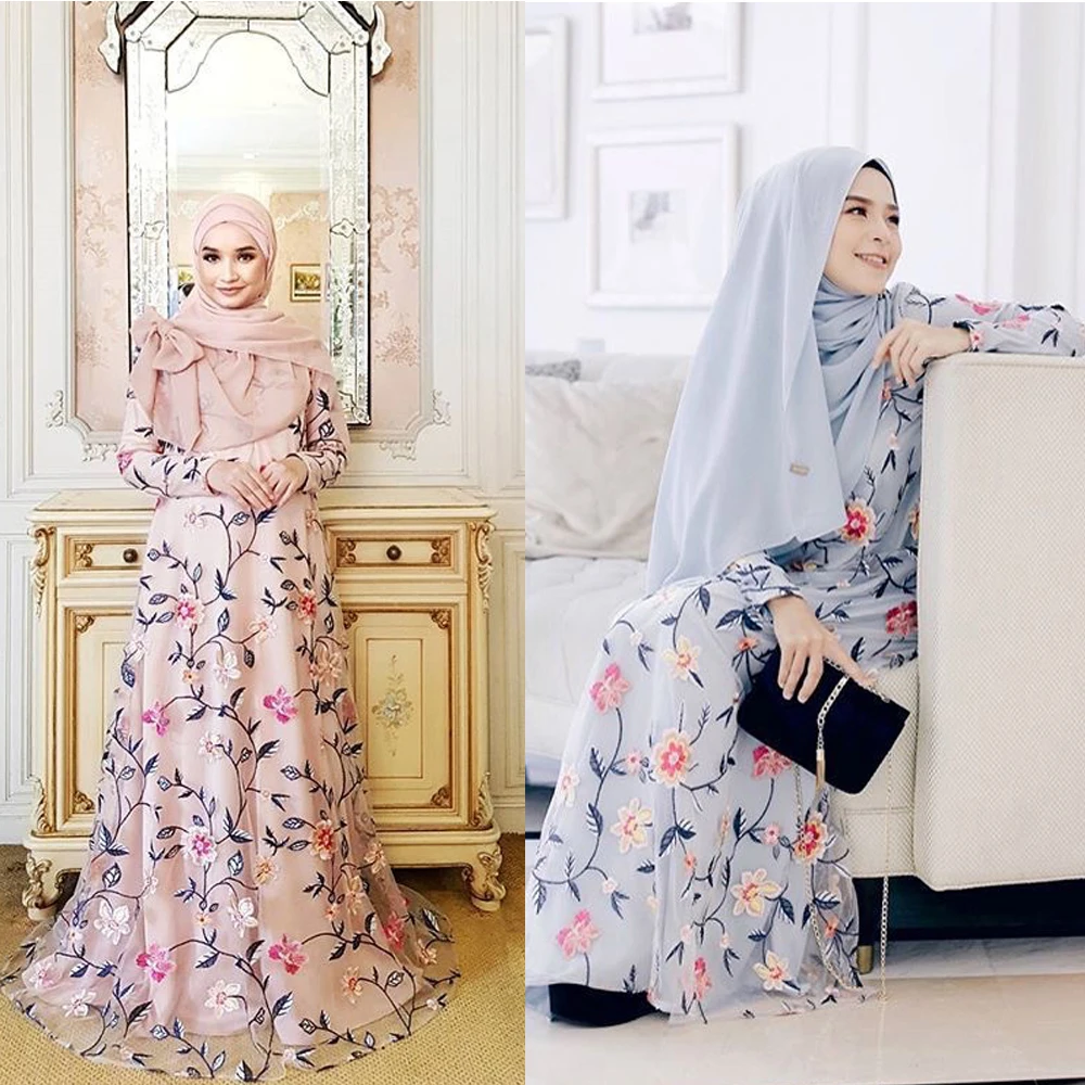 Мусульманская абайя для женщин с цветочной вышивкой, длинное платье макси, кафтан, турецкий Дубай, вечерние, арабское платье, мусульманская ...