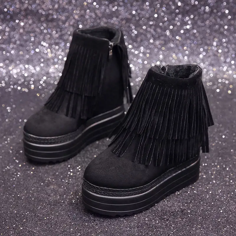

Plush thermal girl's short winter increased tassel boots 2020 new muffin soled cotton women's snow boots